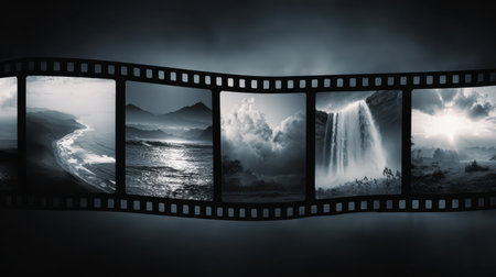 Cinematic Scenes of Nature in Black and White Filmstrip Showcasing Majestic Landscapes and Waterfalls Under Dramatic Lighting Effectsの素材