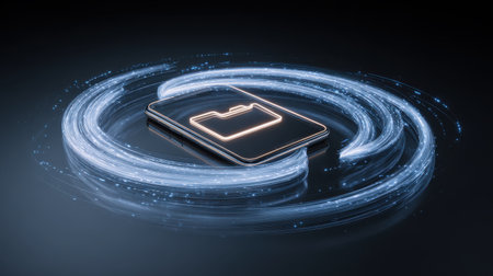 Modern smartphone with file folder icon glowing amidst swirling digital light particles representing data management and organization in technologyの素材