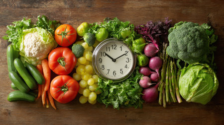 Fresh Vegetables and Clock Arrangement on Wooden Surface Signifying Healthy Eating and Time Management in a Culinary Contextの素材