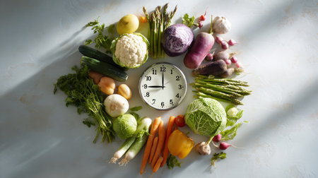Fresh Vegetables Arranged Around a Clock Symbolizing Healthy Eating and Time Management for Cooking and Nutrition Planningの素材
