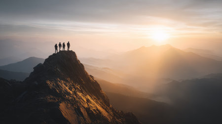 Silhouetted hikers on mountain peak during sunrise with dramatic landscape and golden light illuminating majestic natural scenery in the backgroundの素材