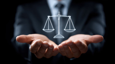 Businessman Holding Scale of Justice Symbolizing Legal Fairness and Equality in Professional Setting with Dark Background for Law and Justice Themesの素材