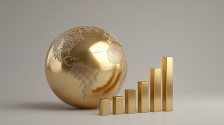 Golden globe with dotted world map next to rising bars symbolizing growth and success in economic and financial development on a neutral backgroundの素材