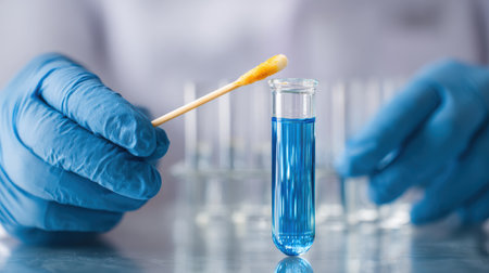 Laboratory Research with Test Tube and Swab, Scientific Experiment in Biochemistry with Blue Solution, Health and Medical Analysis Conceptの素材