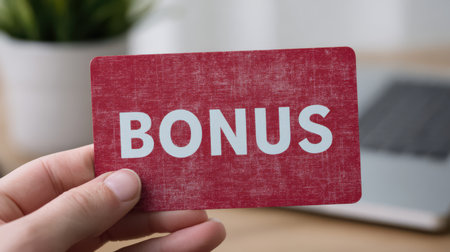 Person holding red card with the word Bonus in capital letters, symbolizing rewards and incentives in a modern workspace setting with laptop and greeneryの素材