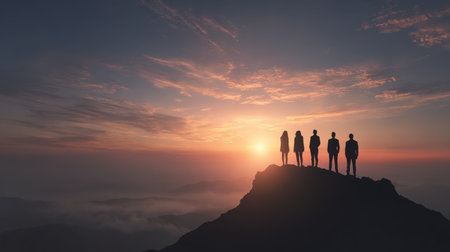 Group of People Silhouetted Against a Vibrant Sunset on Top of a Mountain, Symbolizing Adventure, Togetherness, and the Beauty of Natureの素材