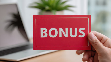 Hand Holding Bonus Card in Front of Laptop with Plant in Bright Workspace for Motivation and Inspiration in Business and Office Settingsの素材