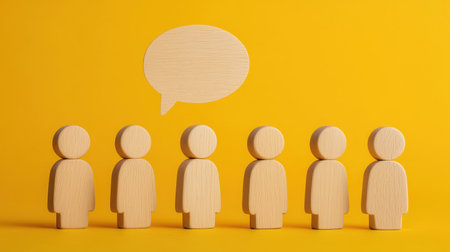 A row of wooden figures on a vibrant yellow background, with a speech bubble above, symbolizing communication and interaction.の素材