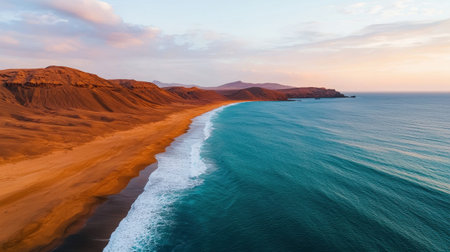 A stunning coastal landscape featuring golden sands, turquoise waves, and rugged mountains under a colorful sky at sunset.の素材