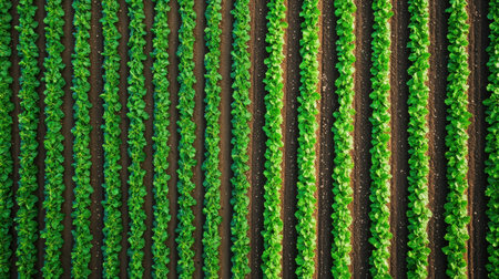 Aerial view of vibrant green rows of crops, showcasing a structured agricultural layout with healthy plants thriving in rich soil.の素材