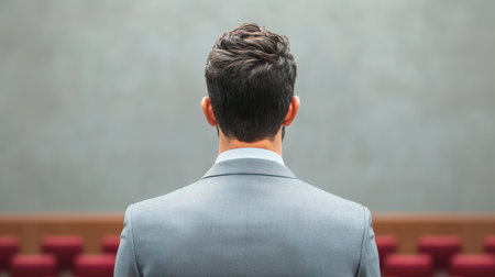 A man in a stylish suit stands with his back to the camera, gazing at a blurred background that suggests a formal setting.の素材