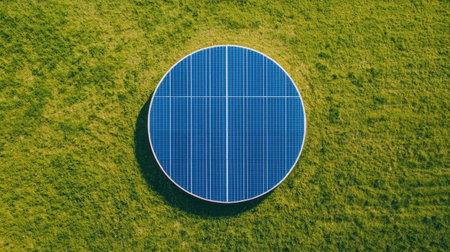 A circular solar panel is placed on a grassy field, showcasing renewable energy technology and its integration into natural landscapes.の素材