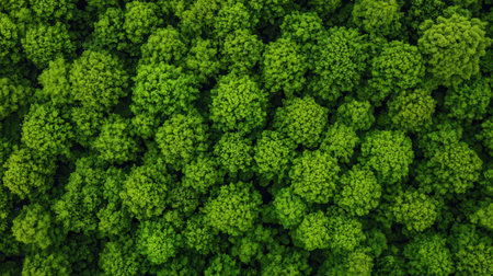 Aerial view of a dense forest canopy, showcasing lush green treetops in a vibrant, healthy ecosystem.の素材