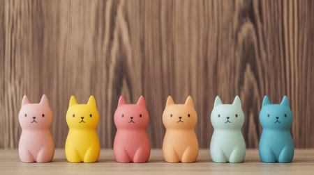 A row of colorful cat figurines in pastel shades, arranged against a wooden background, showcasing their adorable features.の素材
