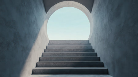 A set of concrete stairs leads upward through a circular opening, revealing a bright sky, symbolizing progress and hope.の素材