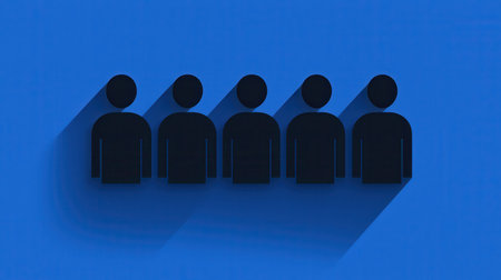 Five stylized figures in silhouette against a blue background, representing teamwork, community, or group dynamics.の素材