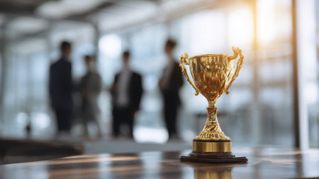 Glimmering Golden Trophy on Wooden Table with Blurred Business People Engaged in Discussion in Modern Bright Office Environmentの素材