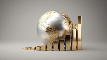 Golden Globe and Bar Graph Depicting Global Economic Growth and Business Success Concept for Financial Analysis and Investment Strategy Visualsの素材