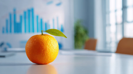 Fresh Orange on Office Table with Business Charts in Background, Symbolizing Health, Productivity, and Refreshing Workplace Atmosphere for Professionalsの素材