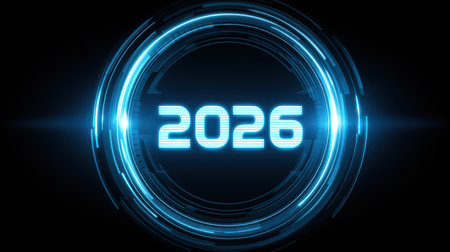 Futuristic digital design featuring glowing blue circle and the year 2026 in high-tech style, ideal for themes of technology and innovationの素材