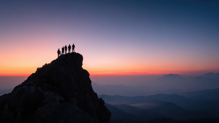 Silhouetted Group of Hikers Standing on Rocky Peak Against Colorful Sunset Sky in Majestic Mountain Landscapeの素材