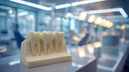 Dental Model Displayed in Modern Clinic with Bright Lighting, Illustrating Tooth Structure for Educational Purposes in Dental Professionals' Environmentの素材