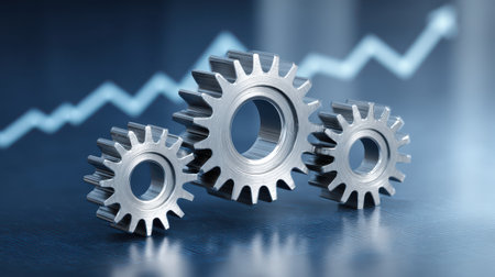 Metallic gears in varying sizes with upward trend line representing growth, productivity, and engineering solutions in a modern business contextの素材