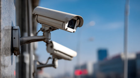 Surveillance cameras mounted on a building exterior with a clear blue sky and city skyline in the background, emphasizing security and monitoring systems.の素材