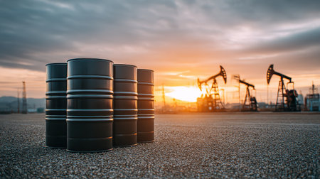Industrial oil barrels in foreground with oil rigs silhouetted against sunset in background, representing energy and natural resources extraction.の素材