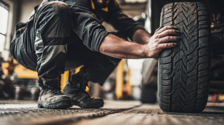 Skilled Mechanic Working in a Garage, Focusing on Tire Maintenance with Attention to Detail and Precisionの素材
