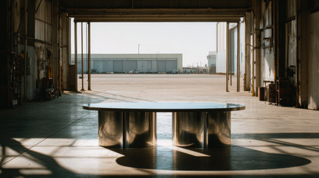 Modern Industrial Table in Empty Warehouse with Natural Light and Shadow Play, Reflecting a Blend of Design and Functionality for Contemporary Spacesの素材