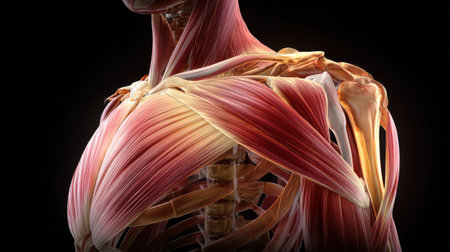 Detailed Anatomical Model of Human Upper Body Muscles Highlighting Striations and Structure for Educational Use in Health and Biology Studiesの素材