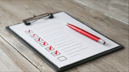 Clipboard with checklist and red pen on wooden surface, representing organization, planning, and productivity in work and daily tasks.の素材