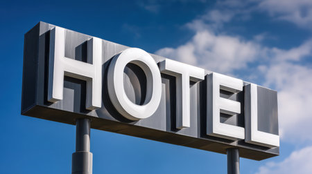 Modern hotel sign under a blue sky with fluffy clouds showcasing bold letters and clear visibility, perfect for travel and hospitality themes.の素材