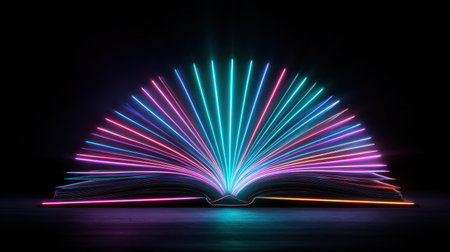 Vibrant Neon Colors Emanating from an Open Book in a Dark Background, Illustrating Knowledge, Imagination, and Learning in a Modern Visual Styleの素材