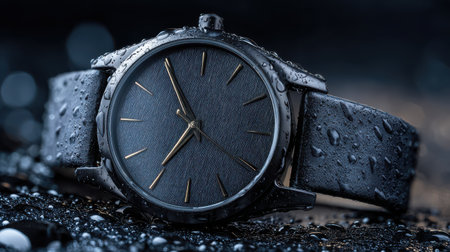 Elegant and Modern Water-Resistant Watch on Dark Textured Surface with Droplets, Showcasing Sleek Design and Stylish Craftsmanship in Deep Blue Tonesの素材