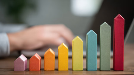 Colorful wooden blocks shaped like houses arranged in ascending order represent growth and development in real estate or housing market trends.の素材