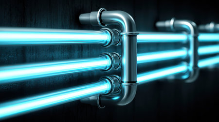 Metallic Pipes with Bright Neon Lights on Dark Background, Industrial and Modern Style Creating an Eye-Catching Visual for Creative Projectsの素材