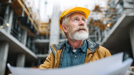 Senior male construction worker with yellow safety helmet inspecting architectural plans on a construction site with scaffolding in the backgroundの素材