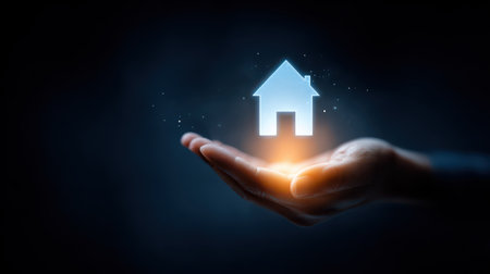 Hand Holding a Glowing House Icon Against Dark Background Symbolizing Homeownership, Real Estate, and Digital Property Concept in Modern Societyの素材