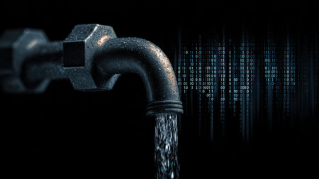 Water Flowing from Pipe Representing Data Streaming with Binary Code in Background for Conceptual Technology and Environmental Themesの素材