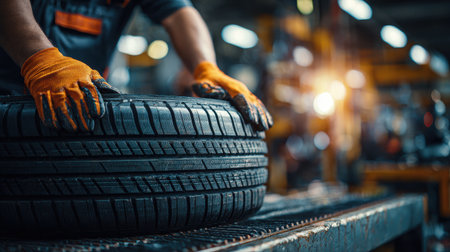 Close-Up of Mechanic Working with Tire in Automotive Garage, Focus on Hands, Workshop Environment with Tools and Equipment in Backgroundの素材