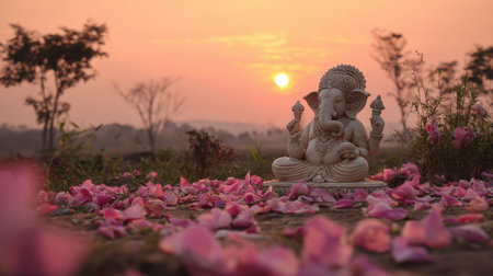 Serene Ganesh Statue Surrounded by Flower Petals at Sunset with Soft Glowing Light and Tranquil Nature Scene in the Backgroundの素材