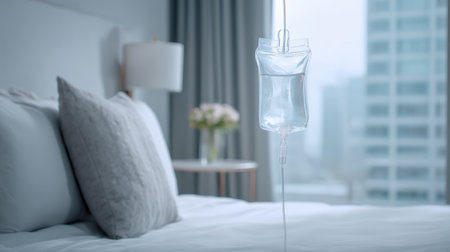 Medical IV drip hanging by the bed in a hospital room, soft natural light illuminating a peaceful healing environment with blurred city viewの素材