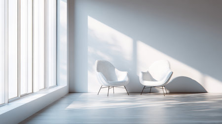 Minimalist Interior with Two Stylish White Chairs and Bright Natural Light Streaming Through Large Windows in a Modern Roomの素材