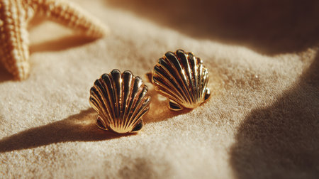 Elegant golden shell earrings resting on soft sand with starfish accent, perfect for coastal-themed jewelry collection and summer fashion inspirationの素材