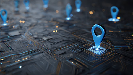 Futuristic Map with Blue Location Pins Over Circuit Board Design Representing Navigation and Location Tracking Technology in Digital Contextの素材
