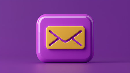 Glossy purple email icon with a yellow envelope symbol against a deep purple background, ideal for digital communication and messaging conceptsの素材