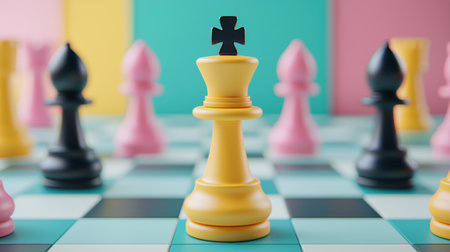 Vibrant Chessboard with Distinctive Colorful Pieces and a Dominant Yellow King Against a Playful Background of Light Pink and Mint Greenの素材