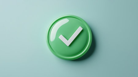 Green Circular Button with Checkmark on Light Blue Background Ideal for Confirmation, Approval, Success, and Positive Feedback in Digital Designの素材